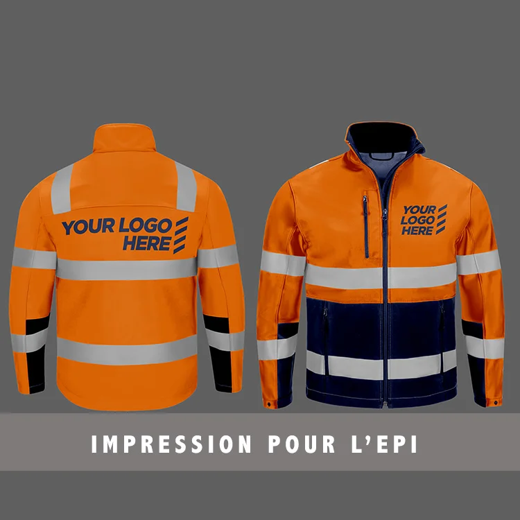 Veste de haute visibilité orange et bleu marine personnalisée avec un logo, conçue pour les équipements de protection individuelle (EPI).