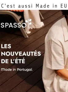 Spasso présentant les nouveautés d'été Made in Portugal, avec une personne portant une tenue écrue sur une terrasse en bois.