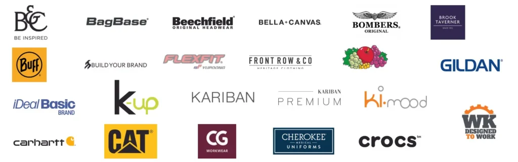 Collection of apparel and promotional clothing brand logos including BagBase, Beechfield, Bella+Canvas, Bombers Original, Gildan, Crocs, Carhartt, CAT, Flexfit, Kariban, and Cherokee Workwear.