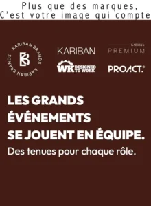 Visuel promotionnel Kariban Brands présentant plusieurs marques et le message « Les grands événements se jouent en équipe. Des tenues pour chaque rôle. »