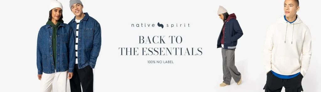 Collection de vêtements essentiels Native Spirit comprenant des vestes en jean, sweats à capuche, bonnets et vêtements casual unisexes sans étiquette.
