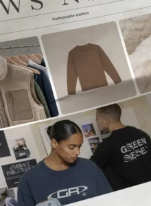 Montage présentant des vêtements Native Spirit Sustainable Edition, avec des sweats, une veste sans manches et deux personnes portant des vêtements de la collection.