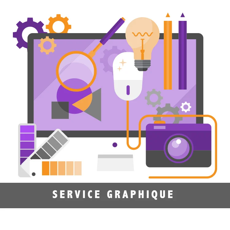 Illustration représentant un service graphique avec un ordinateur, une palette de couleurs, un appareil photo, une souris, une ampoule et des outils de création visuelle.